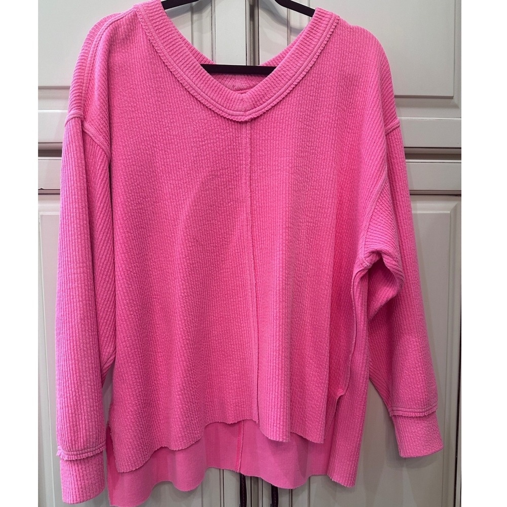 Aerie Hot Pink Waffle Knit Oversized V-Neck Sweater Slouchy Thermal Pullover S
